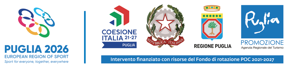 Loghi istituzionali: Puglia 2026 Regione europea dello sport, Coesione Italia 21-27, Repubblica Italiana, Regione Puglia, Pugliapromozione